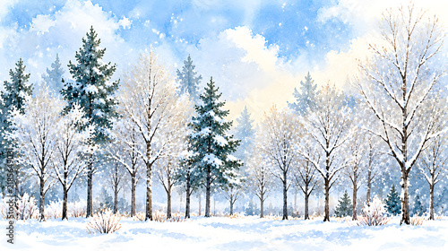 雪に包まれた木々と青空が広がる静かで幻想的な冬の水彩風景
