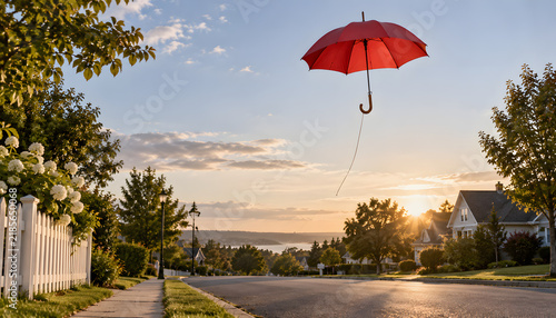 sunset on the street with umbrella