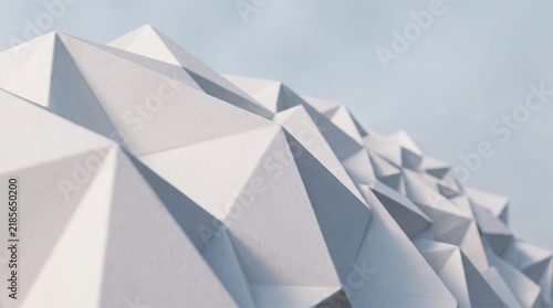 Abstract geometric architecture background with white triangular panels and soft lighting