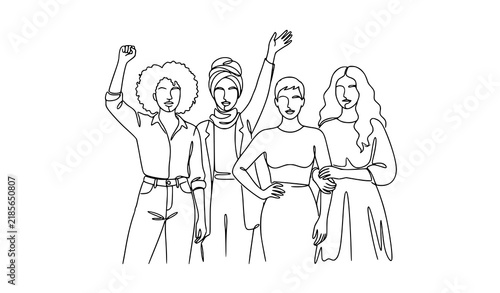 Four diverse women united in empowerment continuous single line vector illustration