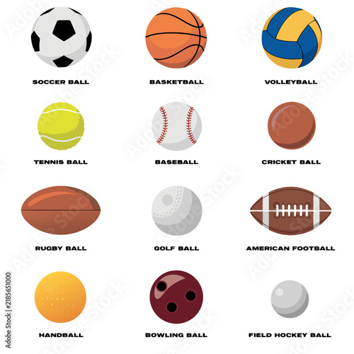 Sports ball collection with 12 vector icons, athletic equipment set for soccer and basketball, flat game ball illustrations