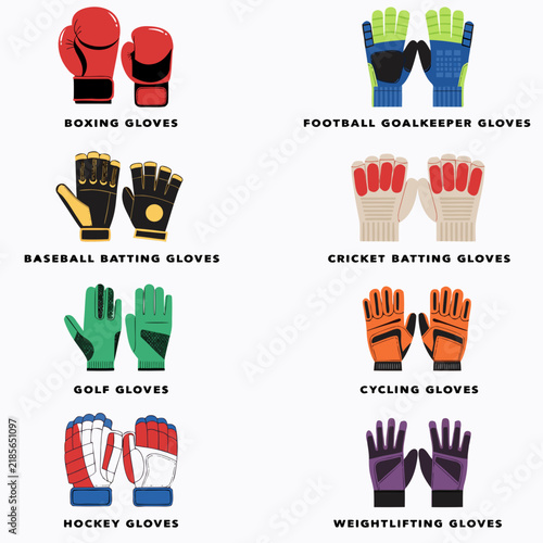 Sports gloves collection, 8 pairs of athletic hand protection vectors, boxing and football gear, gym and cycling equipment icons