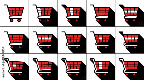 Shopping cart icons with varying fill levels, flat design with long shadow, isolated on white background