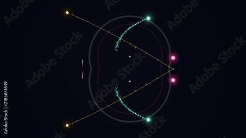 Abstract digital illustration showing symmetrical glowing particles and geometric light trails on a minimalist dark background