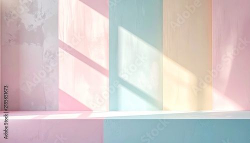 Soft Pastel Wall Panels Illuminated by Sunlight and Window Shadows in Minimal Interior