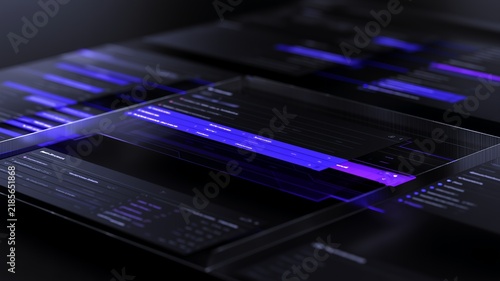 Dark Software Dashboard Interface with Layered UI Panels and Purple Blue Lighting for SaaS-based Platforms, Web Applications, Digital Products, User Experience Design, Technology Websites and Software