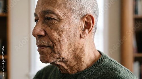 Side profile of thoughtful elderly man with wrinkled mature skin