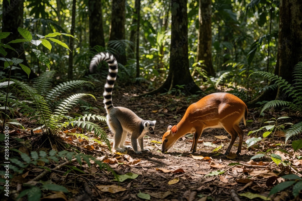 Obraz premium Ringtailed lemur and red duiker graze on forest floor. Animals forage for food in lush green jungle. Wildlife encounters with mammal species in natural habitat.