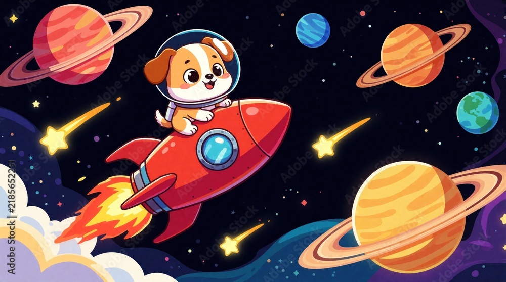 Naklejka premium Cute cartoon puppy travels through deep space on red rocket. Small dog astronaut flies past colorful planets, bright stars, glowing meteors. Whimsical cosmic adventure features nebula clouds,