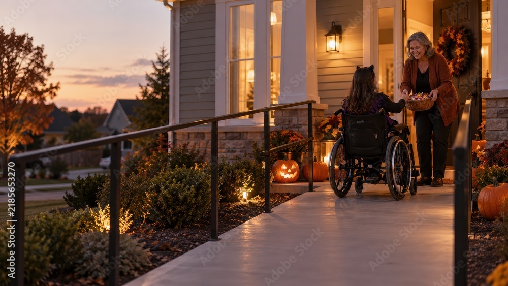 Obraz premium Woman in wheelchair welcomes trick or treat child on accessible ramp, inclusion for seasonal advertising