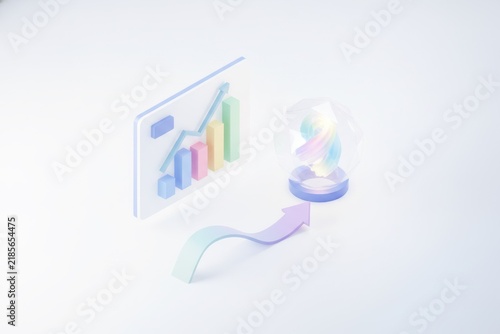 Isometric analytics dashboard with upward charts and a crystal-ball forecast symbol, pastel palette