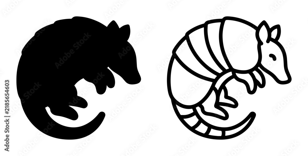 Fototapeta premium Armadillo Icon Set, Black Silhouette and Outline Vector Graphics, Mammal Wildlife Illustration for Nature and Animal Themes