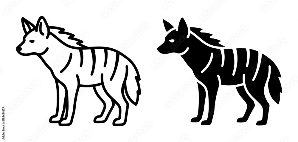 Fototapeta premium Hyena Vector Icons: Striking Black and White Line Art and Silhouette Illustrations for Wildlife and Safari Themes