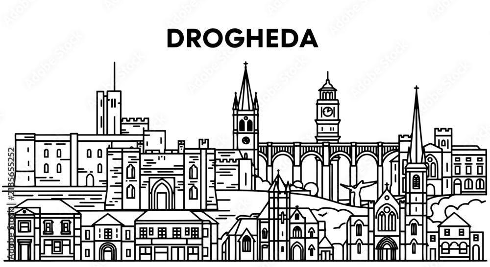 Fototapeta premium Drogheda Cityscape Outline Iconic Buildings and Landmarks Illustration