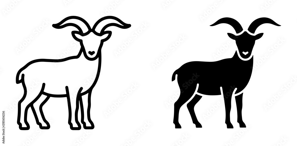 Fototapeta premium Goat Icon Set, Silhouette and Outline Vector Graphics for Farm and Wildlife Themes