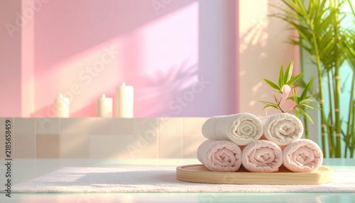 Soft Rolled Spa Towels Arranged on Wooden Tray in Pastel Bathroom