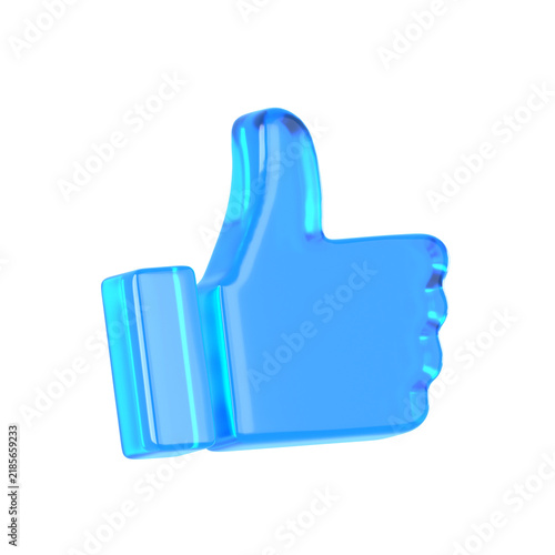3D glossy blue thumb up hand gesture icon isolated on a representing approval positive feedback success and social media engagement.glass icon.3d render