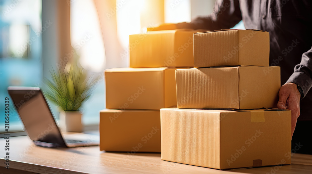 Fototapeta premium business owner packing cardboard boxes in home workspace, natural daylight from window illuminating scene, clean desk with packaging materials, realistic lifestyle photography emphasizing online 