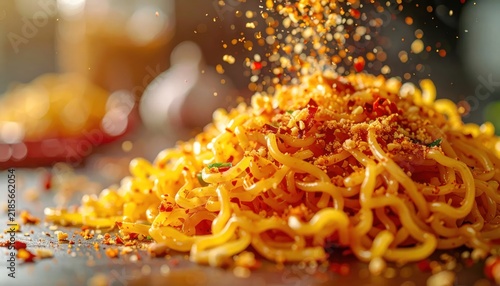 Spicy Golden Noodles Topped with Falling Seasoning on Kitchen Surface