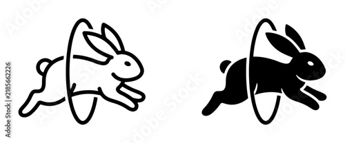 Rabbit Jumping Through Hoop Icon Set, Black and White Line Art and Silhouette Vector Graphics for Animal and Circus Themes