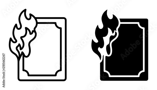 Burning Document Icon Set, Fire Certificate Vector, Flame Paper Symbol, Ignited Certificate Graphic, Burned Paper Illustration