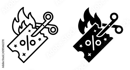 Hot Sale Discount Coupon Icons, Flaming Percent Sign Ticket Cut by Scissors, Fire Deal Promotion Vector Graphics