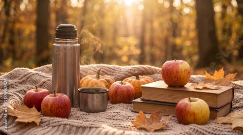 Cozy autumn picnic in the forest with a thermos, cup of hot drink, apple, pumpkin and book on a knitted blanket