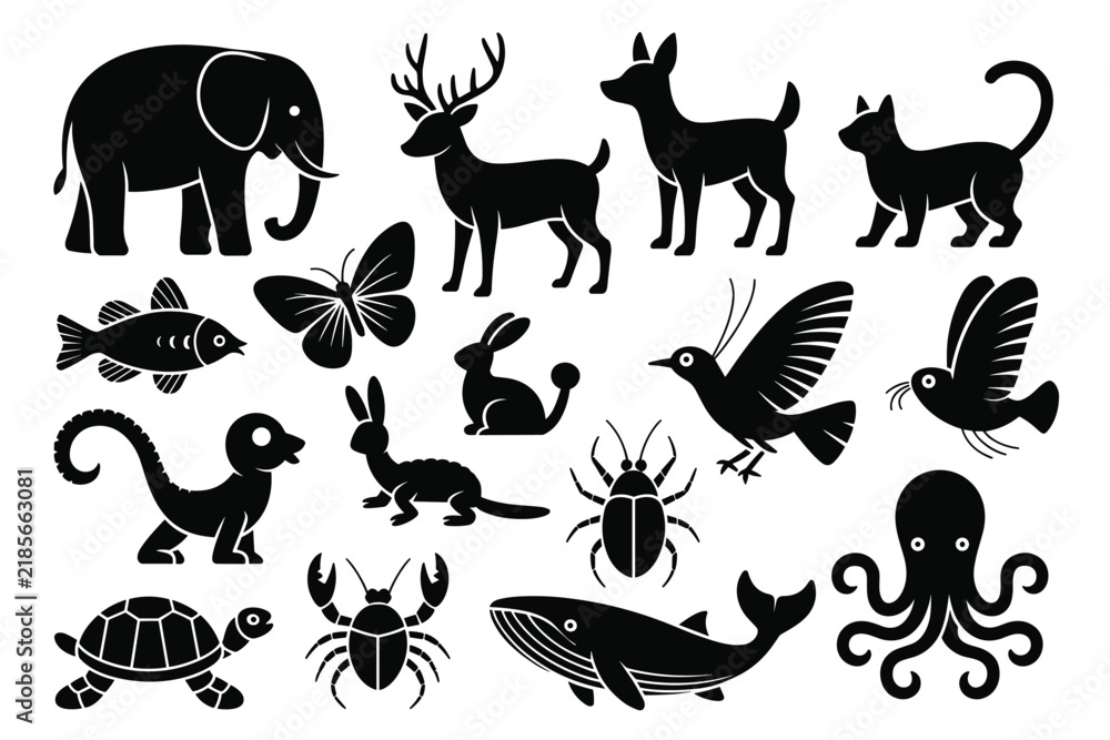 Obraz premium Collection of black animal silhouettes featuring an elephant, deer, cat, dog, butterfly, fish, rabbit, bird, beetle, turtle, crab, whale, and octopus on white