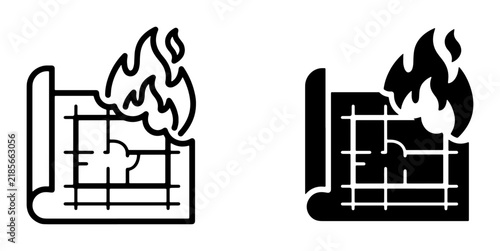 Blueprint on Fire Icons, Architectural Plan Burned, Building Disaster Vector Graphics