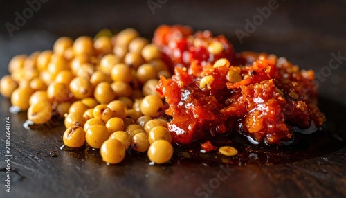 Spicy Red Chili Paste and Yellow Peppercorn Arranged on Dark Rustic Surface