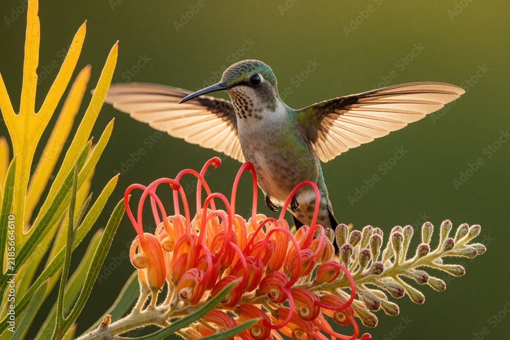 Obraz premium Small hummingbird hovers near bright orange flower with wings spread wide. Tiny bird perches on nectar plant in tropical garden. Wildlife macro shot shows colorful feathers, long beak in natural