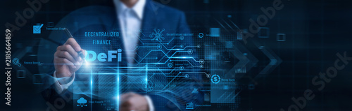 Fotografie Businessman Pointing Decentralized Finance, blockchain smart contract and peer t