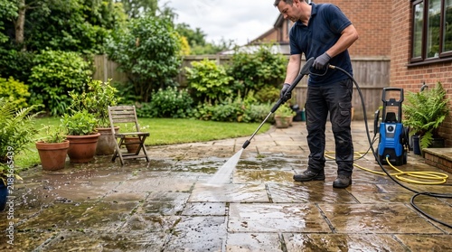 Patio Cleaning Service Crew Removing Dirt And Debris From Weathered Concrete Surface Under Soft Morning Sun