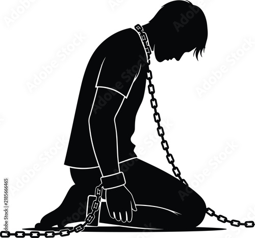 Foto Black Silhouette Vector Illustration of a Man Kneeling in Chains Symbolizing Sla
