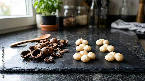 Shelled and unshelled macadamia nuts resting on a dark slate board in a kitchen