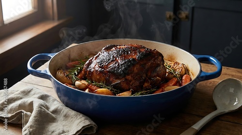 A delicious slow cooked beef roast with vegetables and herbs served in a blue cast iron dutch oven pot on a rustic wooden kitchen table for a warm and hearty homemade dinner meal. pork shoulder recipe
