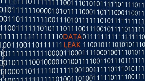 Data leak text or word with digital binary animation background, designed for an illustrative digital world technology concept representing security breaches, compromised information