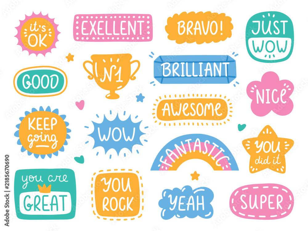 Fototapeta premium Positive doodle stickers. Cute motivational decal, funny text, colorful hand drawn labels, reward badges, brief messages, feedback and motivation and communication classy vector set