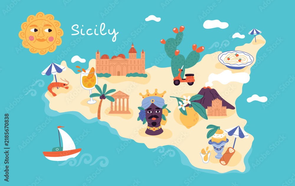 Fototapeta premium Colorful sicily travel map. Mediterranean food, beaches, citrus, scooter, volcano, seafood and cultural elements, tourism elements and regional identity garish vector cartoon flat concept
