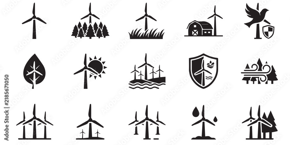 Fototapeta premium Black and white vector icon collection featuring wind turbines, wind farms, renewable energy, clean power, sustainable technology, environmental protection, and wind energy applications.