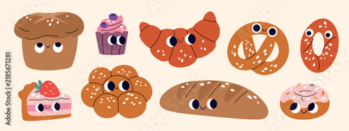 Cartoon bakery characters. Kawaii pastry food, cute bread, croissant, cupcake, cake, donut and baguette, kids mascots, assortment, confectionery products, garish vector comic isolated set