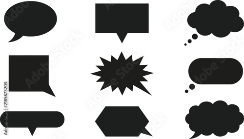 Collection of black speech bubbles and thought balloons isolated on a white background for communication and design projects