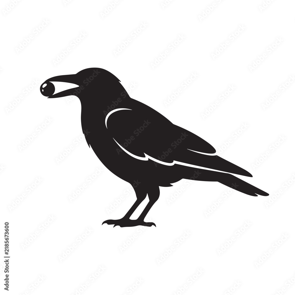 Fototapeta premium Minimalist black silhouette of a crow holding a small round object in its beak
