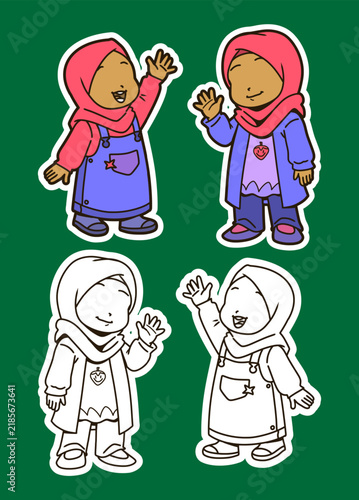 Girl in Hijab Color and Outline Illustration Set