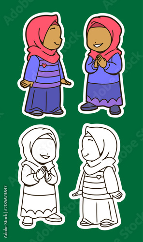 Girl Wearing Hijab Greeting and Standing Color and Outline Illustration Set