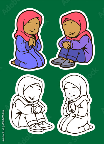 Girl in Hijab Praying and Sitting Color and Outline Illustration Set