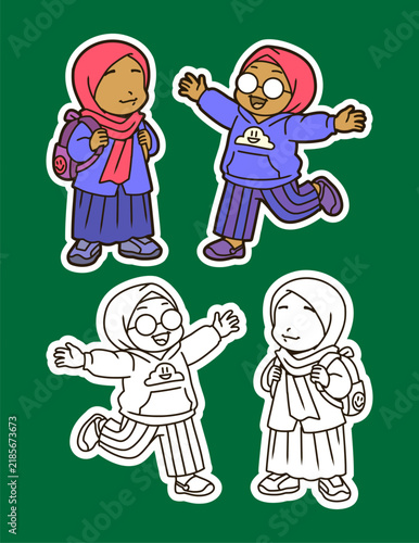 Muslim Schoolgirls Color and Outline Illustration Set