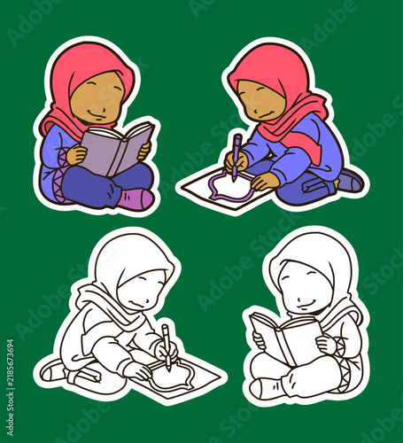 Girl Reading and Writing Hijab Illustration Set