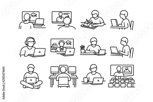Online Lecture Icons. Online university lecture. Line outline icon set of Online university lecture: student