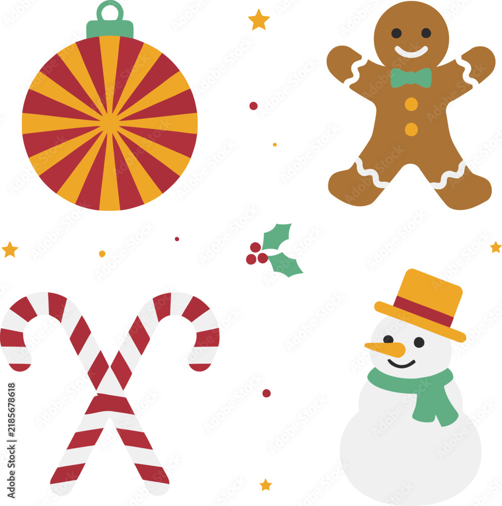 Naklejka premium Christmas holiday gingerbread man snowman candy canes bauble holly